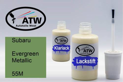 Subaru, Evergreen Metallic, 55M: 20ml Lackstift + 20ml Klarlack - Set, von ATW Autoteile West.